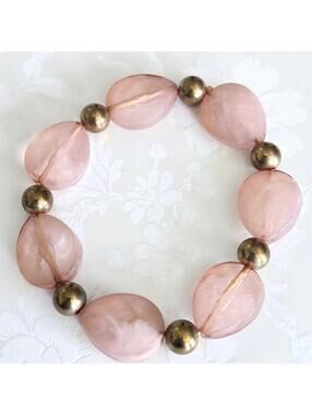 Pink Teardrop Faceted Gold Tone Beaded Stacking Stretch Bracelet